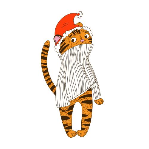 Tiger. Vektor cartoonartiger Jungtiger in Weihnachtsmütze und Sweater