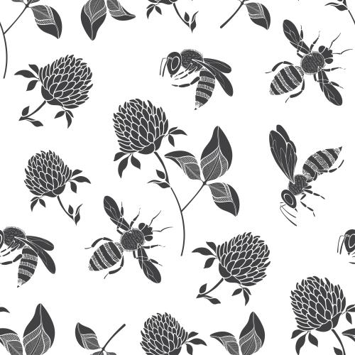 Klee. Vektor klee und Bienen, schwarze Silhouetten auf weissm