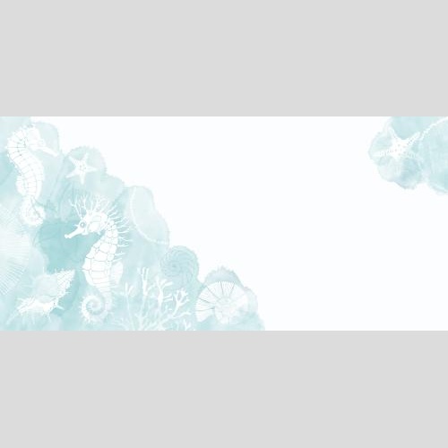 Vektorgrafik seepferdchen schale seestern nautilussen korallen blaue aquarellfragmente platz für text auf weißem eckige komposition