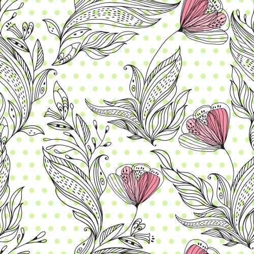 Vektorgrafik fantasieblumen, farbige fragmente in herzform auf weißem kariertuch in grün
