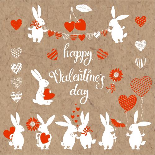 Luftballon. Vektor Hübsche Kaninchen, Herzen, Luftballons und Girlande, Schriftzug 'Happy Valentines Day' auf Karte