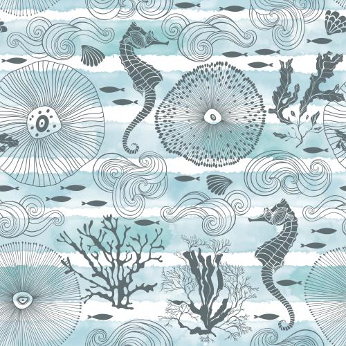 Vektorgrafik abstrakte meereskreaturen, meerespferde, fische, muscheln, korallen, algen, dekorative wellen auf aquarell