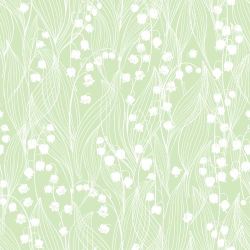 Maiglöckchen. Vektor Lilien, weiße Silhouetten von Blumen und Konturen von Blättern auf Grünem