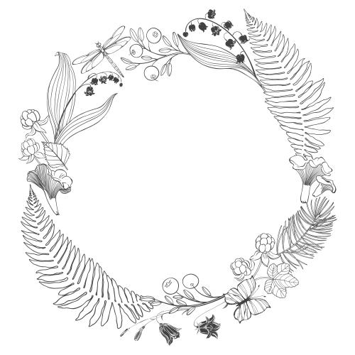 Moltebeere. Vektor rahmen aus Waldpflanzen und Blumen, Farn, Lilien, Glockenblumen, Waldbeeren, Heidelbeeren, Lisichengrube, Schmetterling und Libelle
