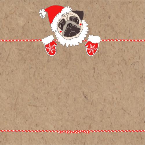 Weihnachtsmann. Vektor süßer mops in neujahrskostüm und textfeld auf kraftpapier