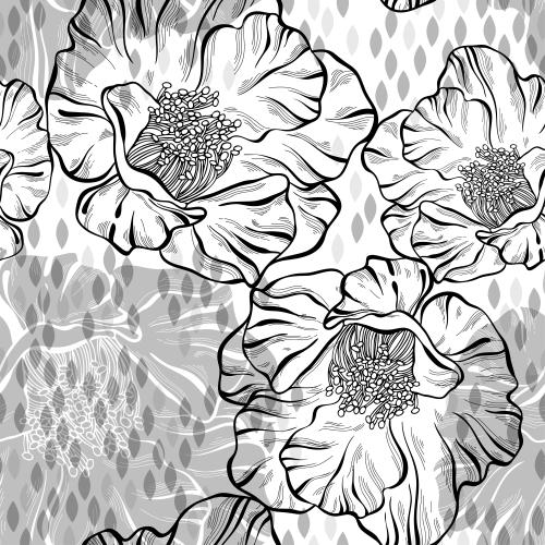 Mohn. Vektor silhouetten und Konturen von Blumen, dekorative Blätter auf weißem