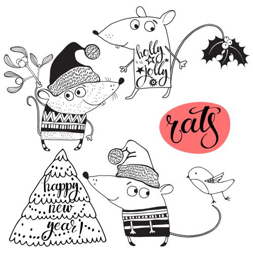 Maus. Vektor Hübsche cartoonartige Mäuse, Weihnachtsbaum, Schriftzüge mit Weihnachtsmotiv auf weißem