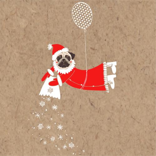 Luftballon. Vektor Süßer Mops in dem Kostüm von Ded Moroz fliegt auf einem Heißluftballon und streut Schneeflocken