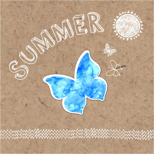 Gras. Vektor Aquarell- und Konturbutterflies, Sonne, Gras, Schriftzug summer auf Kraft