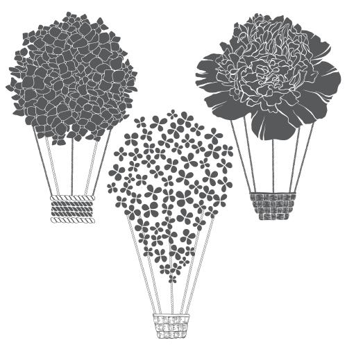 Luftballon. Vektor Blumen-Luftballons, Hydrangea, Lilie, Pfingstrose, schwarze Silhouetten auf weißem