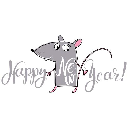 Maus. Vektor cartoonartige graue Maus, Schriftzug Happy New Year auf weißem