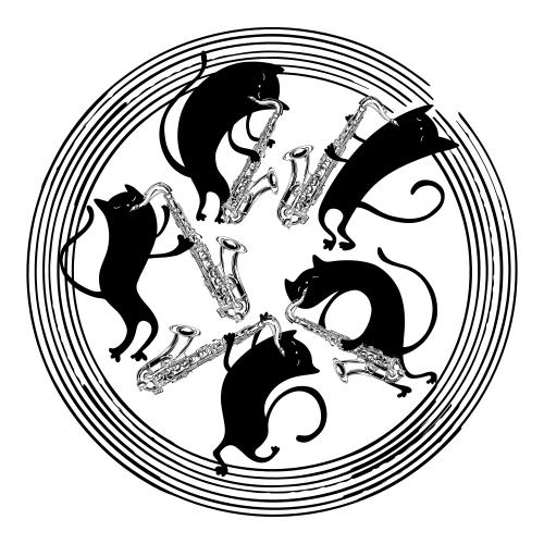 Saxophon. Vektor cartoonartige schwarze Katzen mit Saxophonen in einem Kreis auf weißem
