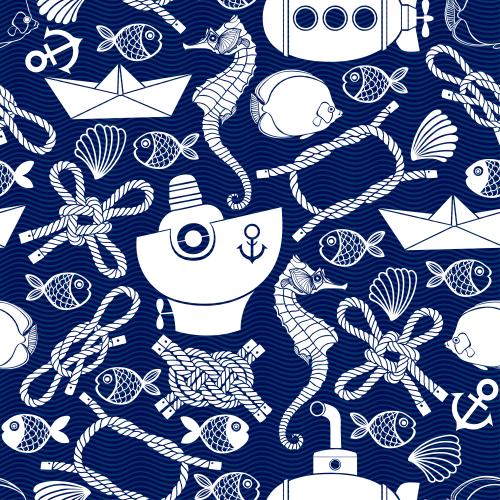 Meer. Vektor Weiße cartoonartige Silhouetten und Konturen im marinen Thema auf blauen Wellen