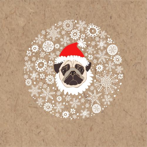 Weihnachtsmann. Vektor süße mops-gesicht in der weihnachtsmütze in einem kreis aus schneeflocken auf kraftpapier