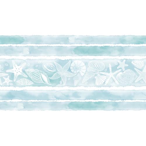 Vektorgrafik nahtlose marine bordüre mit muscheln, meersternen, nautilus und blauen aquarellbändern