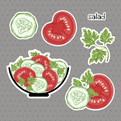 Gemüse. Vektor Tomaten, Gurken, Petersilienblätter, Salat und Zutaten in grauem Streifenmuster