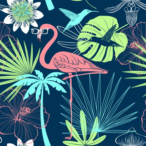 Vektorgrafik flamingo mit sonnenbrille, kolibri, palme, orchideen, hibiskus, strelitzien, palmenblätter auf blau