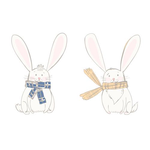 Hase. Vektor zwei cartoonartige Kaninchen in Schals auf weißem