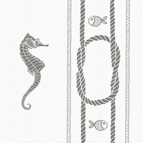 Vektorgrafik seepferdchen, fische, seile und meeresknoten auf den wellen