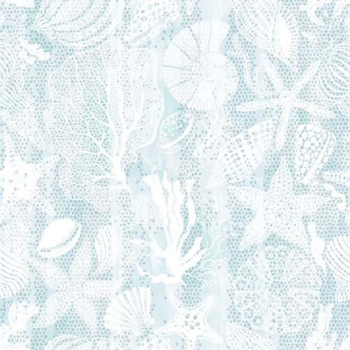 Seeigel. Vektor Meersterne, Muscheln, Nautilus, Meeresschweinchen, Korallen auf blauen Aquarellmosaik