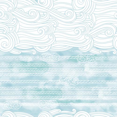 Vektorgrafik dekorative wellen, seile, seemannsknoten auf blauem aquarell