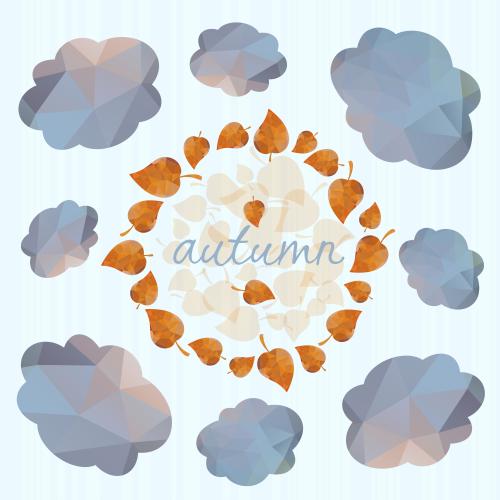 Wolke. Vektor Griesgrämige herbstliche Wolken, runde Rahmen aus gelben Blättern und der Schriftzug Herbst