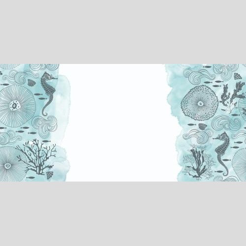 Vektorgrafik seeigeln, fische, muscheln, meerestiere, algen, korallen, dekorative wellen, blaue aquarellfragmente, textfeld auf weiß