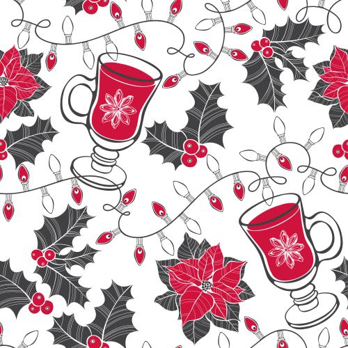 Sternanis. Vektor Gläser mit Glühwein, Girlanden, Eisblumen und Poinsettia auf weißem