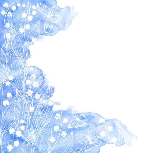 Maiglöckchen. Vektor Lilien, Schmetterlinge, blauer Aquarell-Fragment, Platz für Text auf weißem