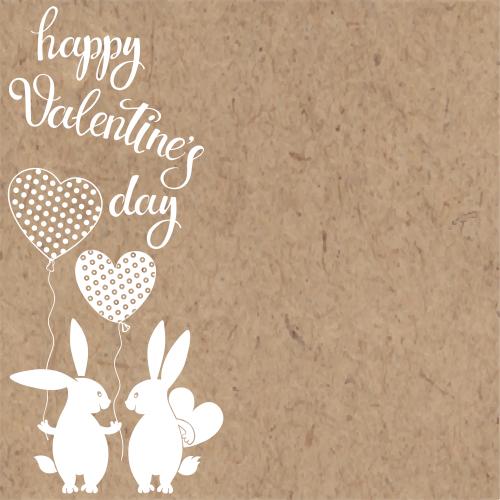 Valentinstagskarten. Vektor zwei liebe Kaninchen mit Luftballons, einem Herz und einer Aufschrift "Happy Valentine's Day" auf Kraftpapier