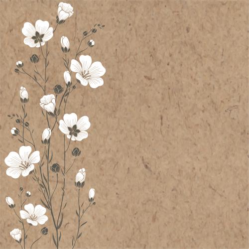 Lein. Vektor Flachsästchen mit Blumen und Knospen, Platz für Text auf Kraft