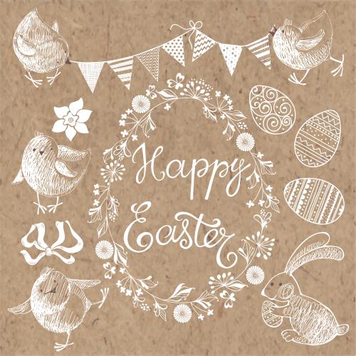 Vogel. Vektor grafische Elemente im Osterthema, Schriftzug Happy Easter auf Karte