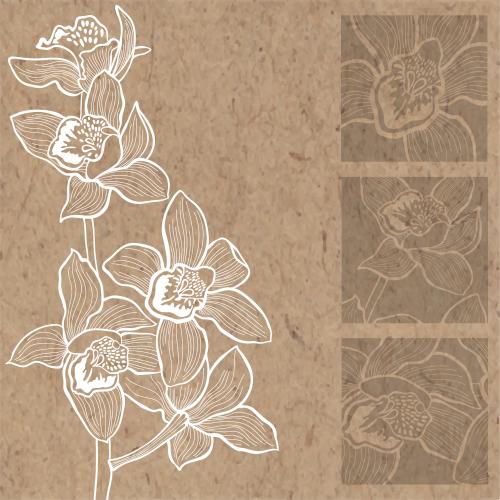 Vektorgrafik weiße zweig der blühenden orchidee und drei braune quadrate mit blütenfragmenten auf kraftpapier
