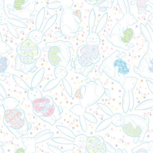 Hase. Vektor cartoonartige kaninchen mit oster-eiern auf weißem in farbenfrohem kariemuster