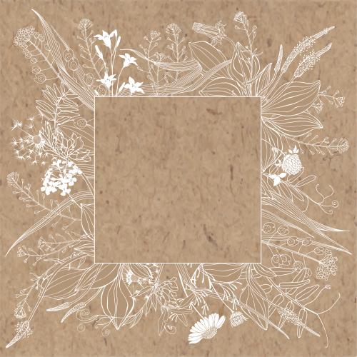 Gras. Vektor Luggräser und Blumen, quadratischer Bereich für Text in der Mitte auf Kraftpapier