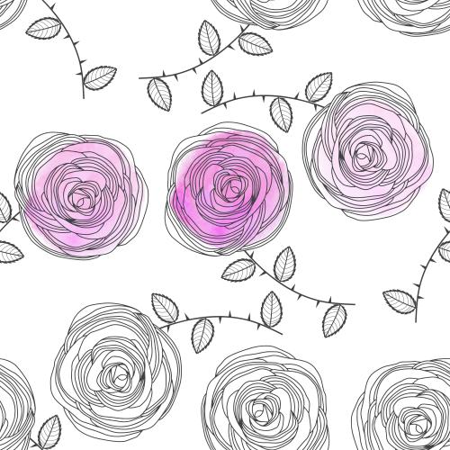 Rose. Vektor stylisierte rosen, pinken aquarellfragmente auf weissem