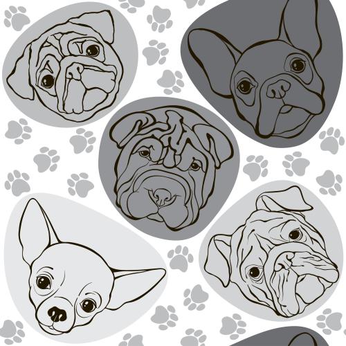 Shar pei. Vektor herrliche monochromen Hundegesichter verschiedener Rassen, Hundespuren auf weißem