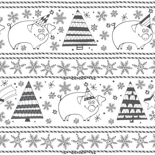 Vektorgrafik cartoon-schweine in festlichen hüten, tannenbäume, schneeflocken, festliche schnüre auf weißem