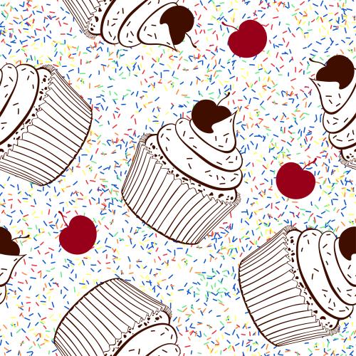 Kuchen. Vektor Keks mit Kirschen, Kirschen auf farbiger Konditor-Bestäubung