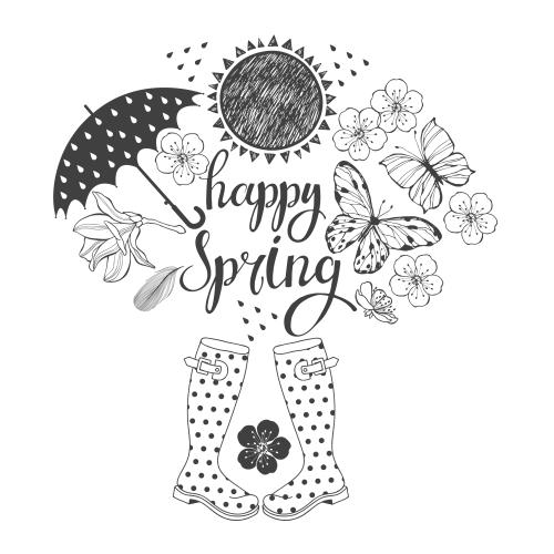 Kirschblüte. Vektor Frühlingskomposition mit Schriftzug Happy Spring auf weißem
