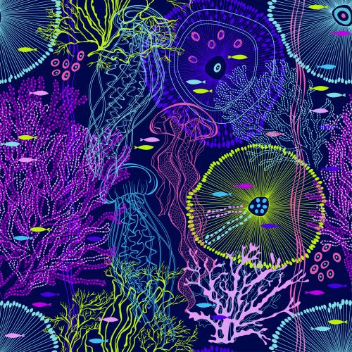 Qualle. Vektor Medusen, abstrakte Meereslebewesen, Fische, Korallen, Algen auf dunkelblauem