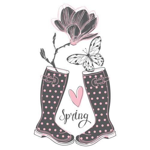 Vektorgrafik frühlingskomposition mit gummistiefeln, magnolienblüte und schmetterling auf weißem