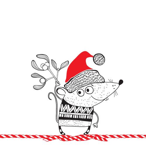 Maus. Vektor Hübscher cartoonartiger Maus in einer Weihnachtskappe und mit einem Zweig Efeu Platz für Text auf weißem