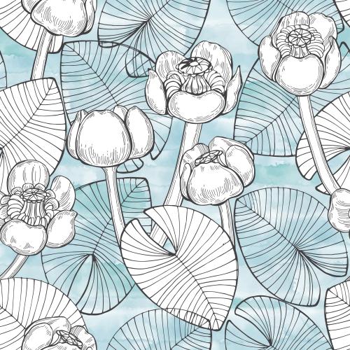 Seerose. Vektor wasserlilien Blumen und Blätter auf blauem Aquarell