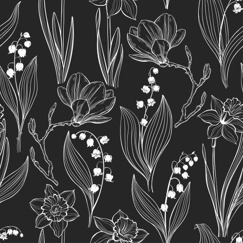 Vektorgrafik magnolien, narzissen, lilien auf schwarzem