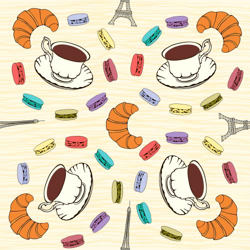 Macaron. Vektor tassen mit Kaffee, Croissants, farbenfrohe Macarons und Eiffelturm