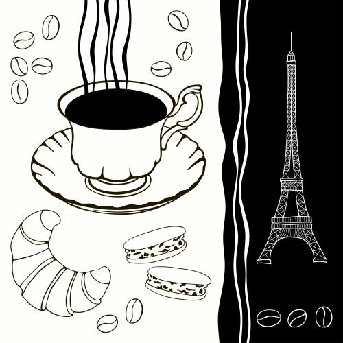 Macaron. Vektor kaffee mit franzoesischen Desserts und dem Eiffelturm