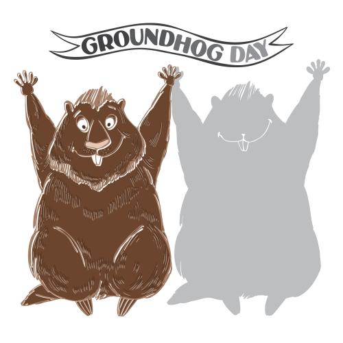 Vektorgrafik lieb cartoonartiger igel und seine schatten, aufschrift groundhog day auf weißm