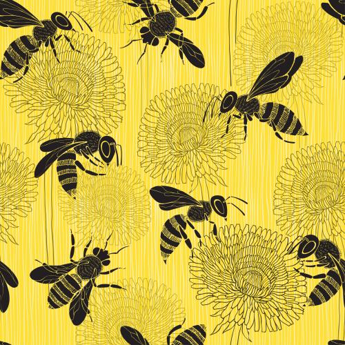 Natur. Vektor bienen und Kuckucksblumen auf gelbem gestreift