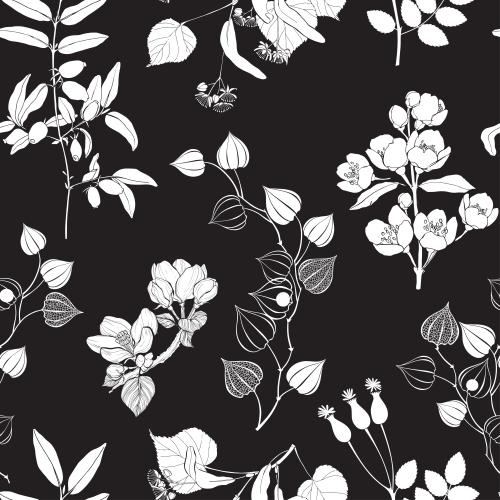 Vektorgrafik weiße silhouetten von blumen und pflanzen auf schwarzem
